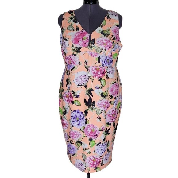 ASOS Midi Dress Size 20 Floral Sleeveless V Neck Back Pullover Lined Kick Pleat - Picture 2 of 12